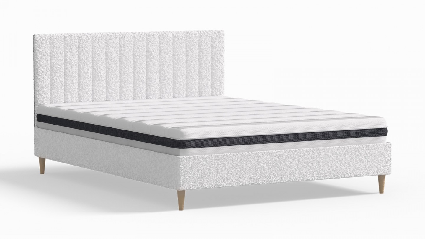 Ensemble lit adulte 140x190 cm en tissu bouclé écru avec tête de lit matelassée Eliot + Matelas ressorts ensachés Mousse HR