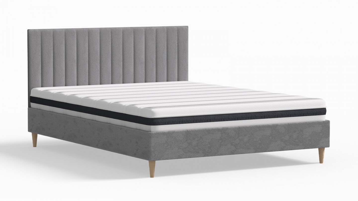 Ensemble lit adulte 140x190 cm en velours gris clair avec tête de lit matelassée Eliot + Matelas ressorts ensachés Mousse HR