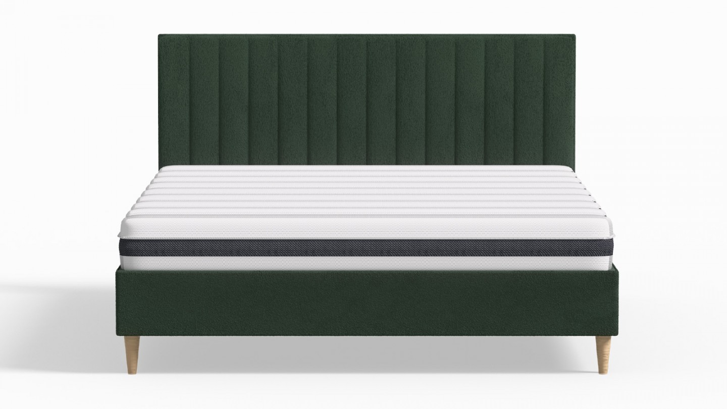 Ensemble lit adulte 140x190 cm en velours vert avec tête de lit matelassée Eliot + Matelas ressorts ensachés Mousse HR