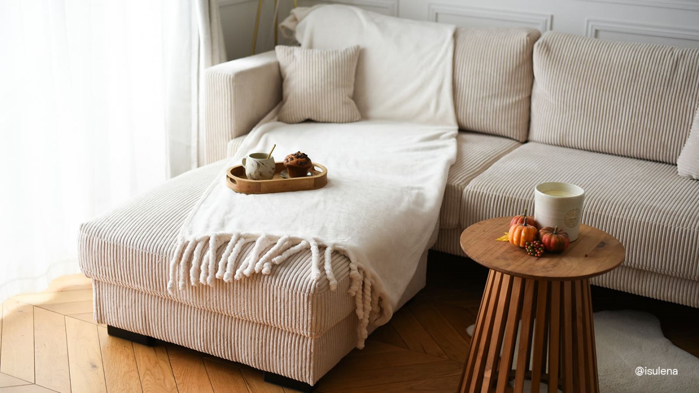 Pouf en velours côtelé beige - Robin