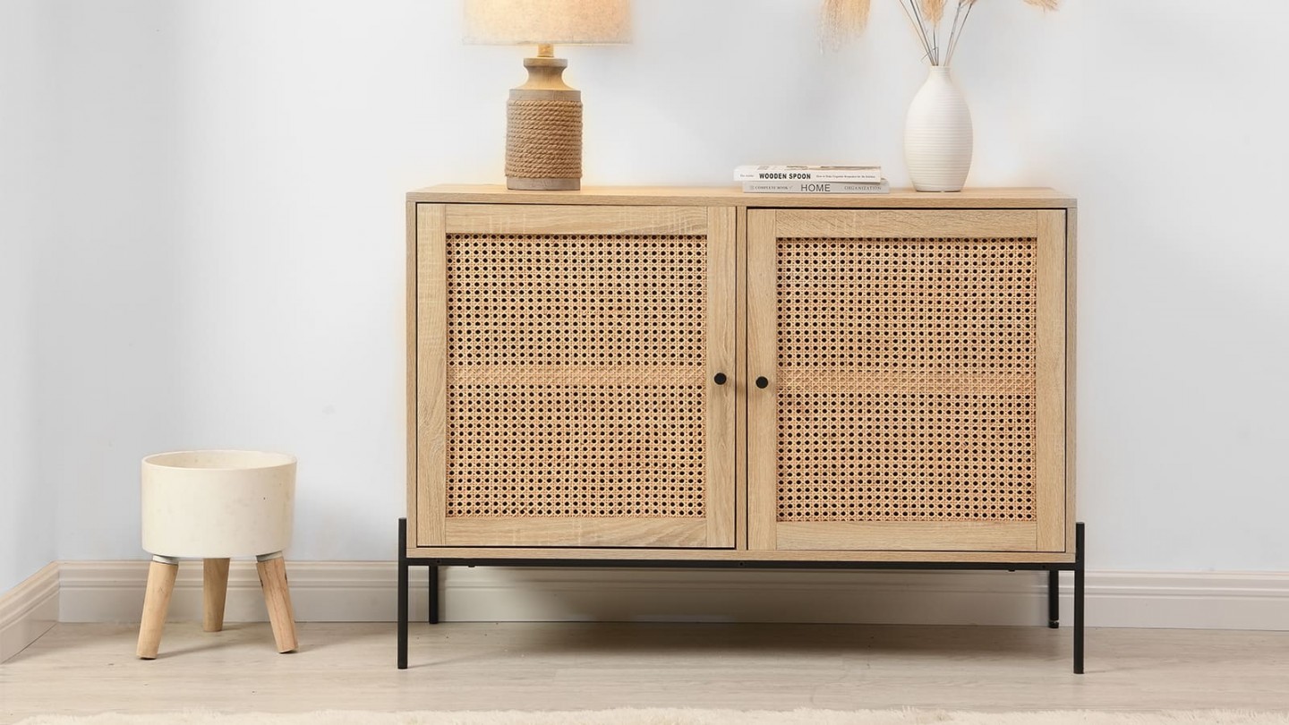 Buffet 2 portes en cannage naturel et effet chêne 110 cm - Iris