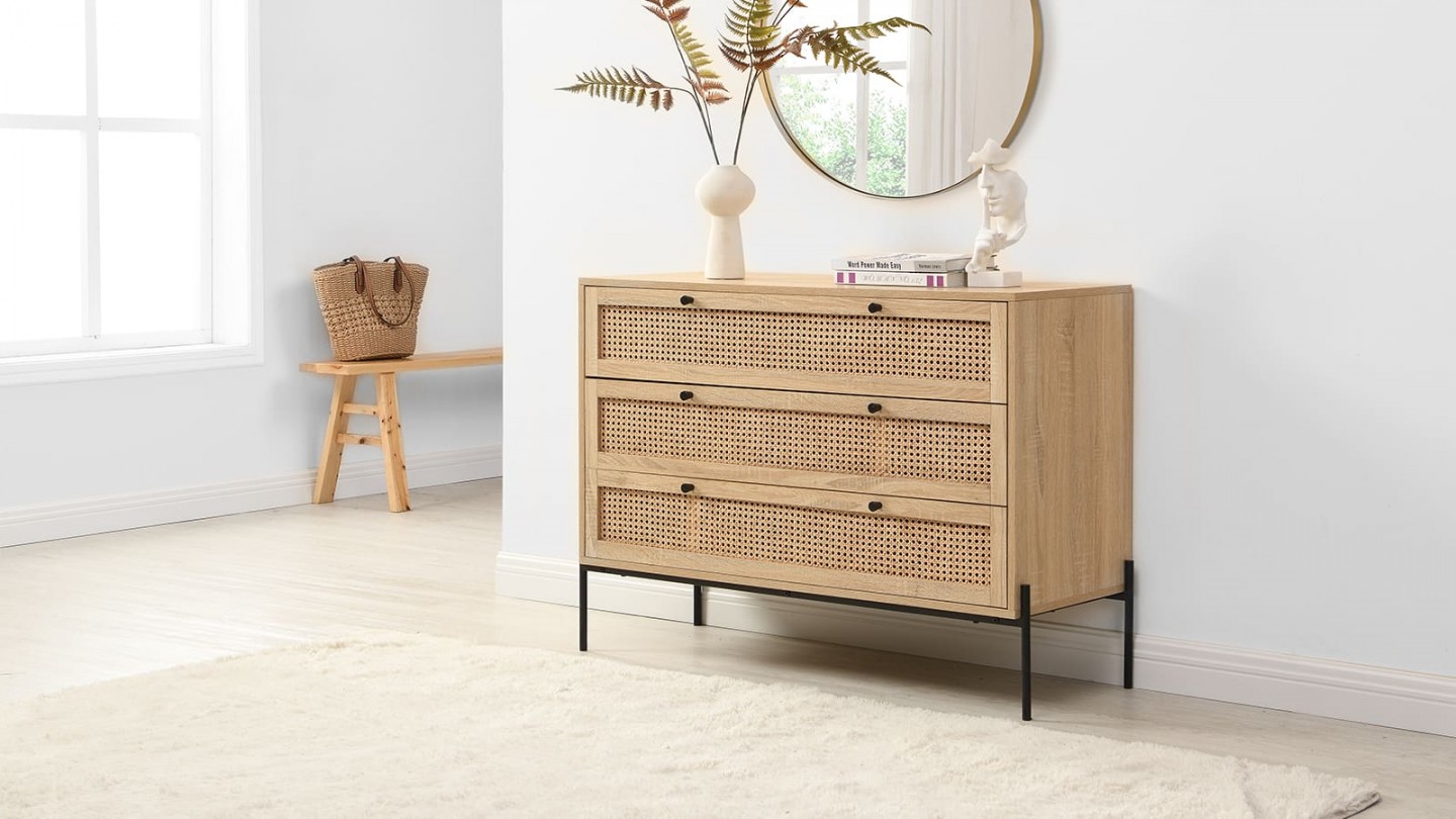 Commode 3 tiroirs en cannage naturel et effet chêne 105 cm - Iris