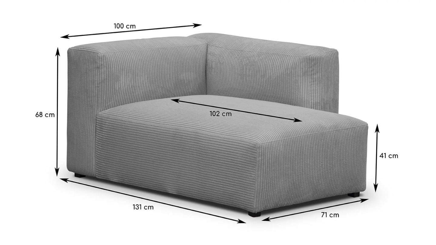 Canapé d'angle à droite modulable avec méridienne 4 places en velours côtelé gris clair - Modulo