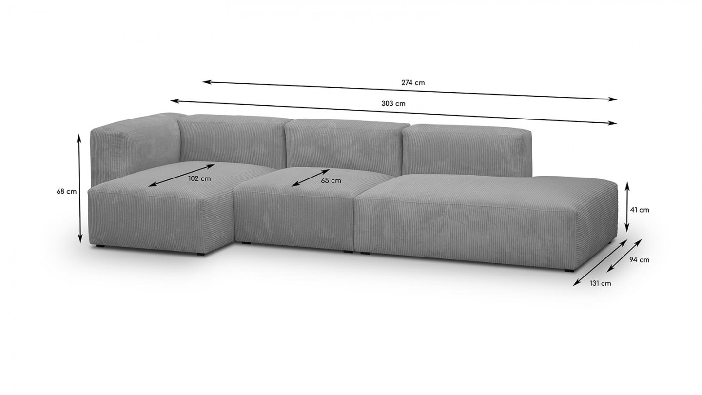 Canapé d'angle à gauche modulable avec méridienne 5 places en velours côtelé gris clair - Modulo