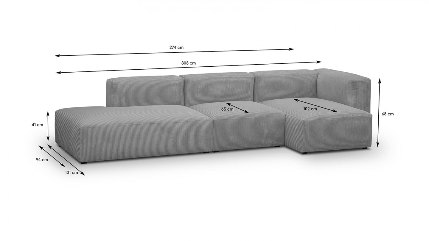 Canapé d'angle à droite modulable avec méridienne 5 places en velours côtelé gris clair - Modulo