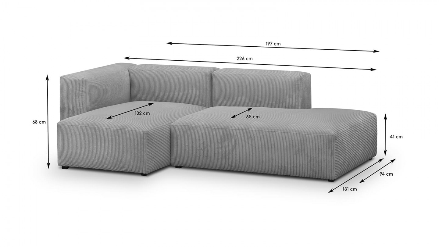 Canapé d'angle à gauche modulable avec méridienne 3/4 places en velours côtelé gris clair - Modulo