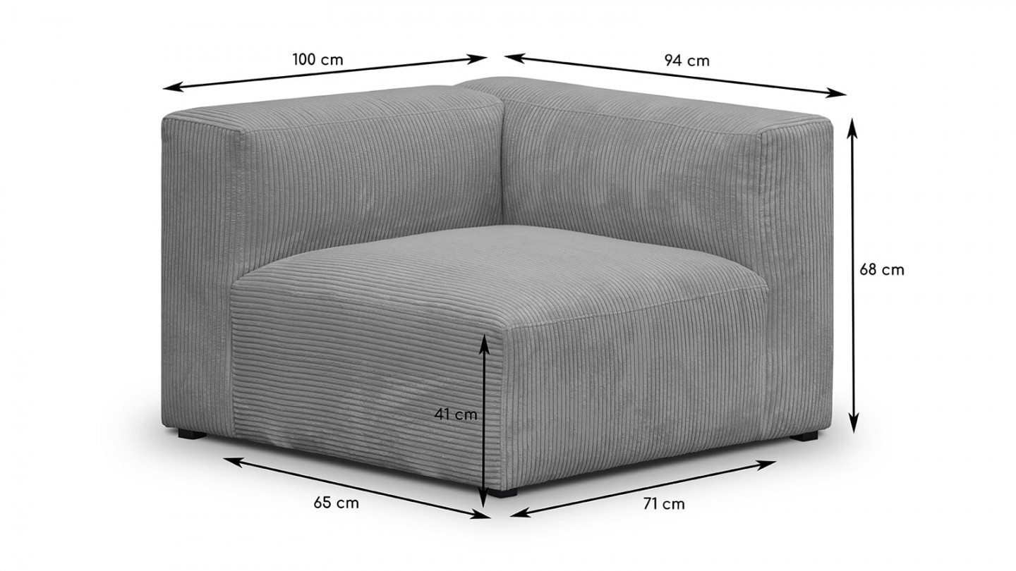 Chauffeuse d'angle à droite modulable en velours côtelé gris clair - Modulo