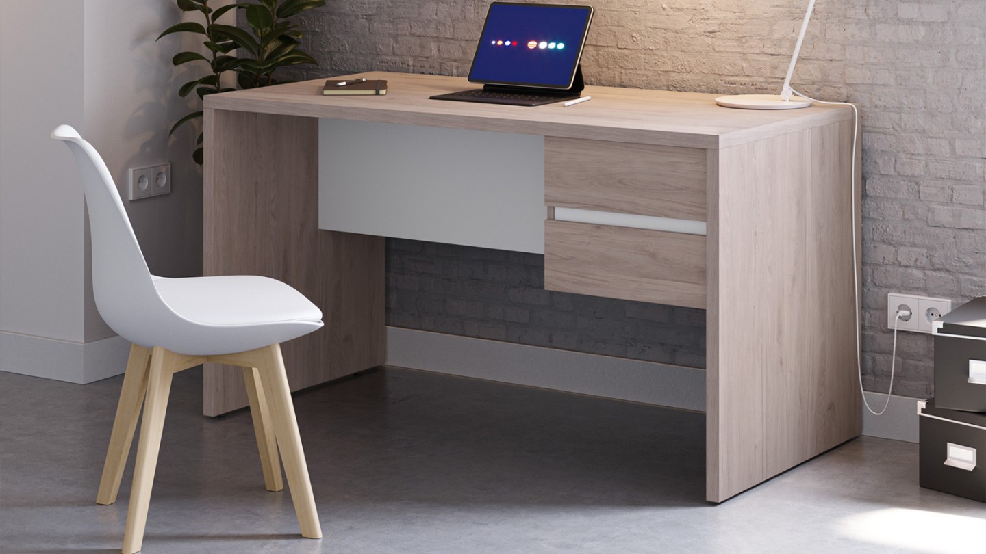 Bureau 2 tiroirs effet bois et blanc 136 cm - Jess