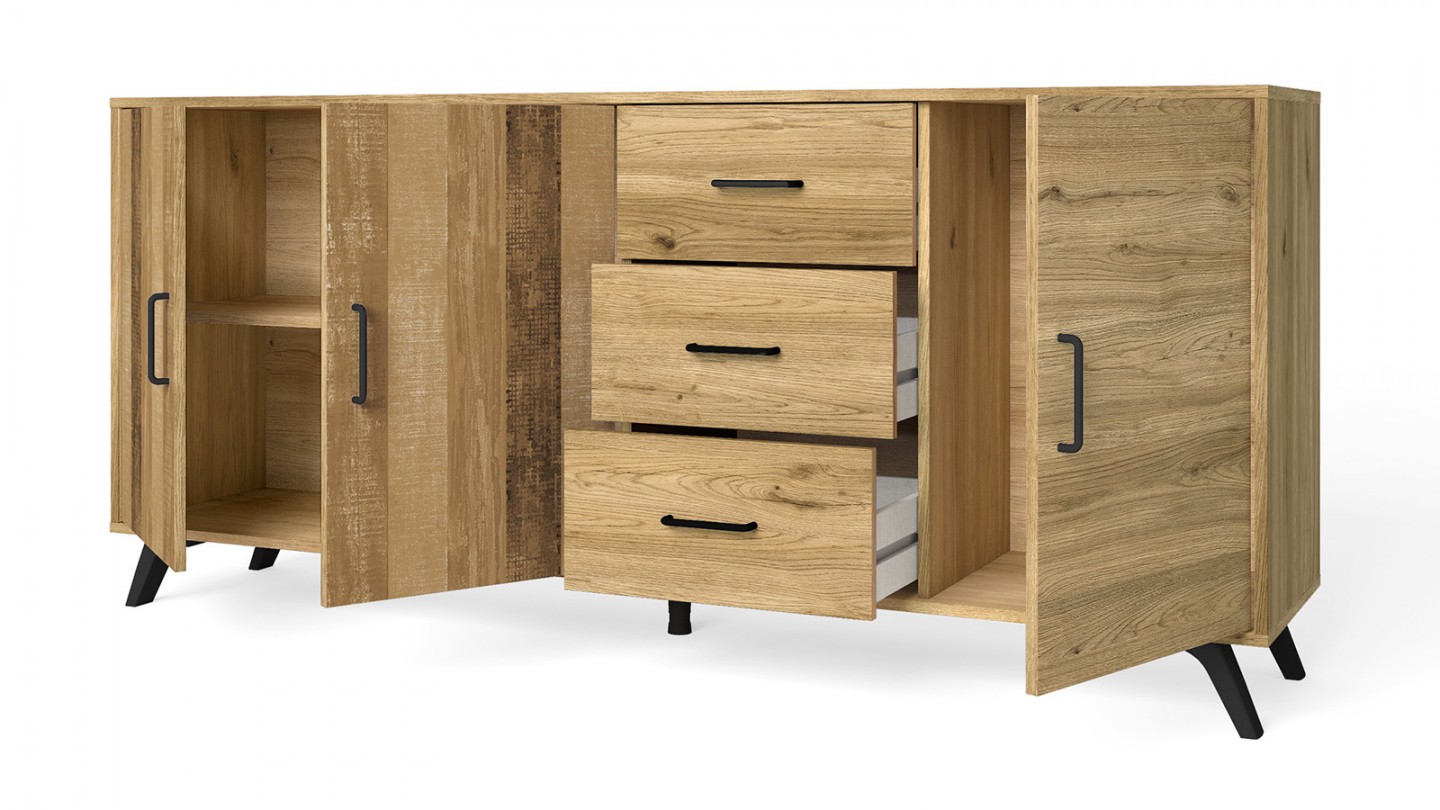 Buffet 3 portes 3 tiroirs effet bois 180 cm - Inari