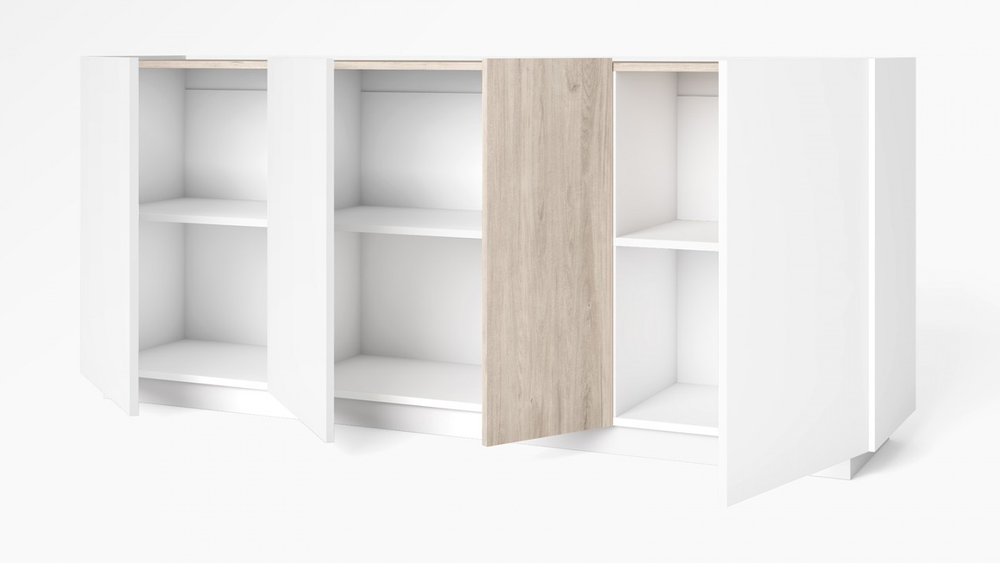 Buffet 4 portes blanc et effet bois 180 cm - Josie