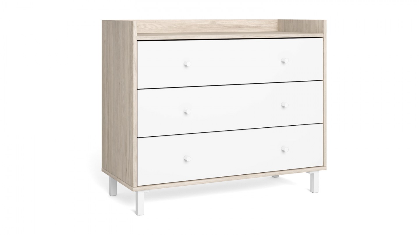 Commode 3 tiroirs blanc et effet bois 92 cm - Aurelia